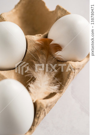 Easter, spring background. White chicken eggs in egg carton box with feather Easter, spring background. White chicken eggs in egg carton box with feather 138780471