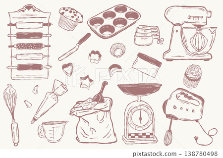 Hand drawn baking tools collection with mixer whisk tray and rolling pins Hand drawn baking tools collection with mixer whisk tray and rolling pins 138780498