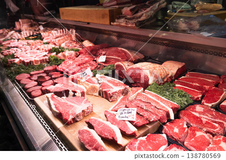 Fresh raw meat on display at a butcher stall in Borough Market 138780569