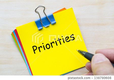 Priorities written on yellow sticky note representing focus and decision making at work. Priorities written on yellow sticky note representing focus and decision making at work. 138780608