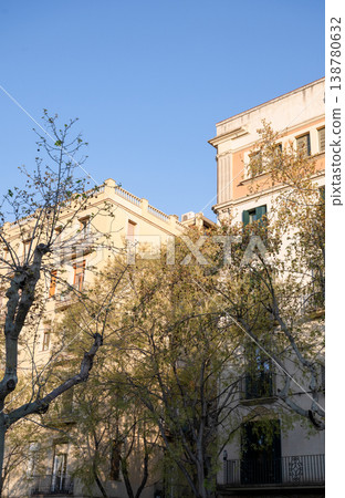 Sunlit residential buildings with trees and classic architecture in Barcelona city under clear blue sky Sunlit residential buildings with trees and classic architecture in Barcelona city under clear blue sky 138780632