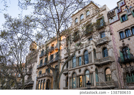 Elegant historic residential buildings with ornate balconies and classic architecture in Barcelona city street under soft daylight Elegant historic residential buildings with ornate balconies and classic architecture in Barcelona city street under soft daylight 138780633