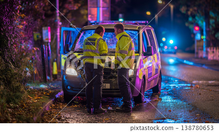 Police officers inspecting damaged vehicle at night road accident scene 138780653