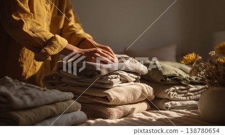 Woman folding clean clothes in warm sunlight cozy home interior 138780654