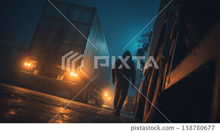 Silhouette of truck driver walking between cargo trucks at night in foggy industrial area 138780677
