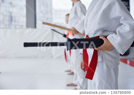 Children lining up holding foam bat before judo class in bright studio 138780800