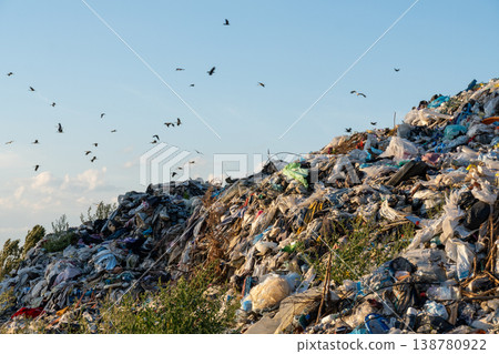 Large piles of garbage are seen at a landfill with birds flying above on a sunny day 138780922