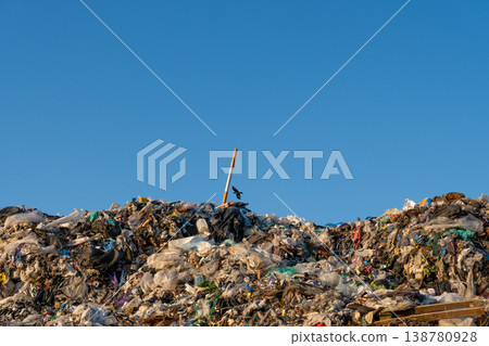 Large pile of trash fills the landfill site with various types of waste as a bird flies over on a sunny day with no clouds 138780928