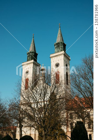 Twin church towers with clocks rising above trees against blue sky in Sombor, Serbia. Religious landmark and travel destination in European city 138781966