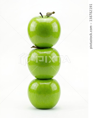 Geometric Stack of Three Different Green Apples with Stems Isolated on a Solid White Background Geometric Stack of Three Different Green Apples with Stems Isolated on a Solid White Background 138782191