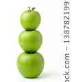 Geometric Stack of Three Different Green Apples with Stems Isolated on a Solid White Background 138782199
