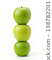 Geometric Stack of Three Different Green Apples with Stems Isolated on a Solid White Background 138782201