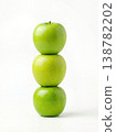 Geometric Stack of Three Different Green Apples with Stems Isolated on a Solid White Background 138782202