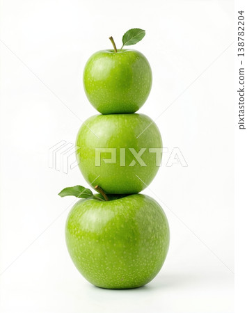 Geometric Stack of Three Different Green Apples with Stems Isolated on a Solid White Background 138782204
