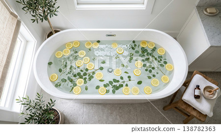 俯拍鏡頭展現了一個豪華浴缸，浴缸內鋪滿了檸檬片、尤加利葉和各種水療用品。令人放鬆。 138782363