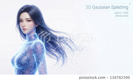 人工智慧生成的未來女性影像，闡釋了 3D 高斯潑濺的概念。 138782500