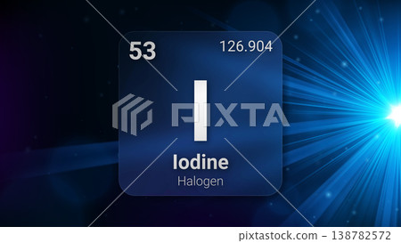 Iodine (I) (053) Halogen, Glass Morphism Element Futuristic Neon Light Glow Background Periodic Table, Chemical Symbol, Name, Atomic Mass, Atomic Number, Vector Illustration 138782572