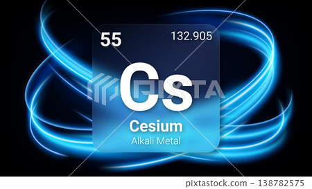 Cesium (Cs) (056) Alkali Metal, Glass Morphism Element Futuristic Neon Light Glow Background Periodic Table, Chemical Symbol, Name, Atomic Mass, Atomic Number, Vector Illustration 138782575