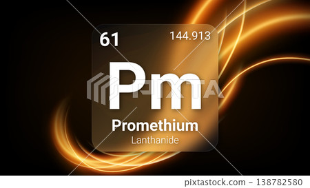 Promethium (Pm) (061) Lanthanide, Glass Morphism Element Futuristic Neon Light Glow Background Periodic Table, Chemical Symbol, Name, Atomic Mass, Atomic Number, Vector Illustration 138782580
