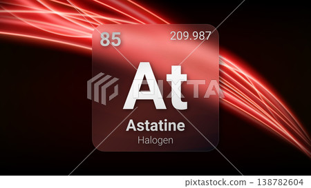 Astatine (At) (085) Halogen, Glass Morphism Element Futuristic Neon Light Glow Background Periodic Table, Chemical Symbol, Name, Atomic Mass, Atomic Number, Vector Illustration Astatine (At) (085) Halogen, Glass Morphism Element Futuristic Neon Light Glow Background Periodic Table, Chemical Symbol, Name, Atomic Mass, Atomic Number, Vector Illustration 138782604