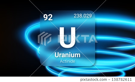 Uranium (U) (092) Actinide, Glass Morphism Element Futuristic Neon Light Glow Background Periodic Table, Chemical Symbol, Name, Atomic Mass, Atomic Number, Vector Illustration 138782611