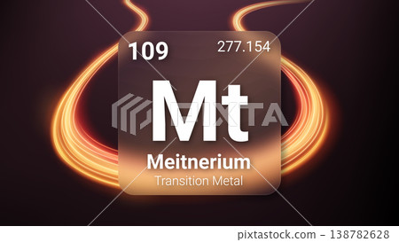 Meitnerium (Mt) (109) Transition Metal, Glass Morphism Element Futuristic Neon Light Glow Background Periodic Table, Chemical Symbol, Name, Atomic Mass, Atomic Number, Vector Illustration 138782628