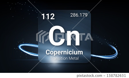 Copernicium (Cn) (112) Transition Metal, Glass Morphism Element Futuristic Neon Light Glow Background Periodic Table, Chemical Symbol, Name, Atomic Mass, Atomic Number, Vector Illustration 138782631