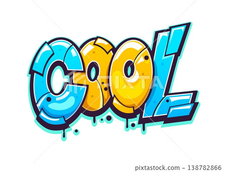 Cool street graffiti, hip hop wall painting typography. Street wall cool artwork text, Hip Hop airbrush drawing vector typography. Urban paint tag lettering with metallic blue and yellow letters 138782866