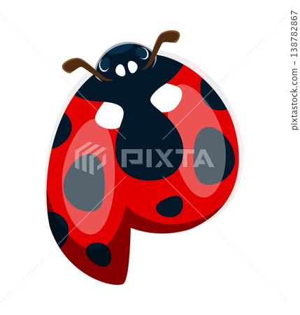 Ladybug beetle font typeset cartoon letter P. Spring ladybird typeface symbol, cute ladybug beetle type vector element. Red insect kids ABC font letter or garden lady bug English alphabet typeset sign Ladybug beetle font typeset cartoon letter P. Spring ladybird typeface symbol, cute ladybug beetle type vector element. Red insect kids ABC font letter or garden lady bug English alphabet typeset sign 138782867