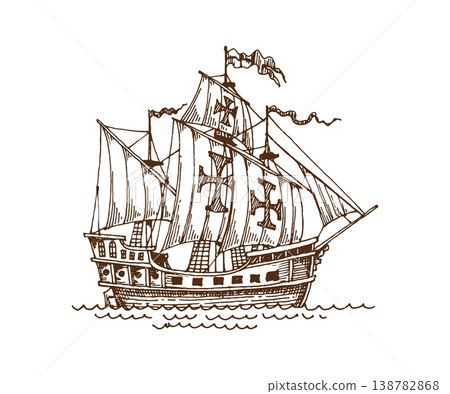 Hand drawn sketch pirate historical sail ship. Pirate sketch sail ship, historical graphic isolated vector brown caravel. Wooden hand drawn galleon vessel or European fleet engraving warship Hand drawn sketch pirate historical sail ship. Pirate sketch sail ship, historical graphic isolated vector brown caravel. Wooden hand drawn galleon vessel or European fleet engraving warship 138782868