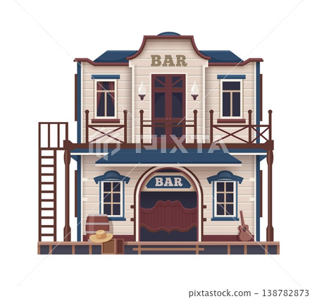 Western town bar cartoon building. US ancient architecture wooden construction, USA Western bar vector house facade. American Wild West isolated city home porch or two storey building Western town bar cartoon building. US ancient architecture wooden construction, USA Western bar vector house facade. American Wild West isolated city home porch or two storey building 138782873