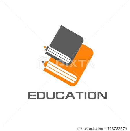 College education text book graphic icon or pictogram. Bookstore literature, academy education vector emblem. University or college library label with grey and orange book cover and pencil silhouettes College education text book graphic icon or pictogram. Bookstore literature, academy education vector emblem. University or college library label with grey and orange book cover and pencil silhouettes 138782874