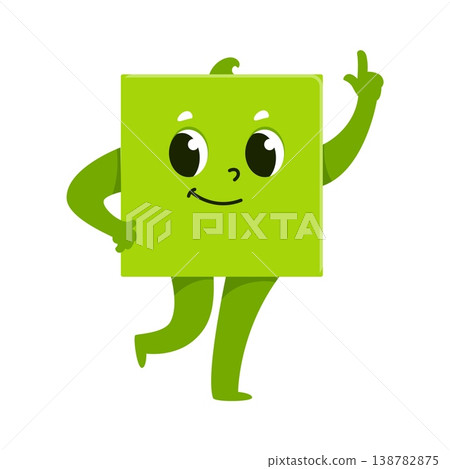 Green square math shape cartoon cheerful character. Kid geometry figure cheerful mascot, education geometric form funny vector character. Kindergarten math square happy personage pointing finger up Green square math shape cartoon cheerful character. Kid geometry figure cheerful mascot, education geometric form funny vector character. Kindergarten math square happy personage pointing finger up 138782875
