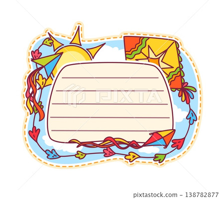 Kite flying paper wing kids memo note frame. Flying toy scrapbook sticker, paper wing schedule isolated vector label. Kite children planner to do list memo note or kids festival child diary frame Kite flying paper wing kids memo note frame. Flying toy scrapbook sticker, paper wing schedule isolated vector label. Kite children planner to do list memo note or kids festival child diary frame 138782877