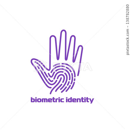User biometric identity business icon or badge. User verification security icon, data identification vector sign. Payment biometric identity emblem with lineart human palm silhouette and fingerprint User biometric identity business icon or badge. User verification security icon, data identification vector sign. Payment biometric identity emblem with lineart human palm silhouette and fingerprint 138782880