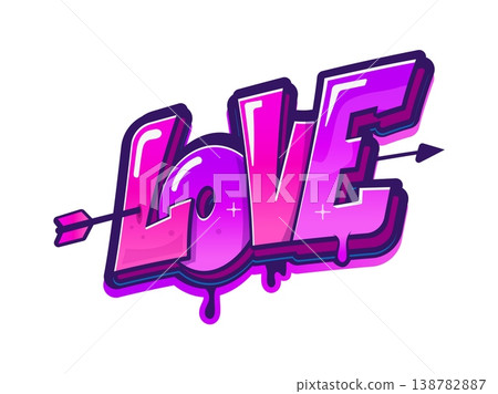 Love street art graffiti, urban wall artwork typography. Urban paint artwork, Hip Hop love graffiti drawing vector typography. Ghetto wall tag text or lettering with violet letters pierced by arrow Love street art graffiti, urban wall artwork typography. Urban paint artwork, Hip Hop love graffiti drawing vector typography. Ghetto wall tag text or lettering with violet letters pierced by arrow 138782887