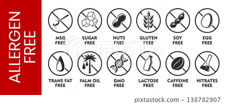 Allergen free icons, no nut and sugar, gluten and egg, lactose free symbols. Vector set of food allergy ingredient prohibition signs. Soy, msg, trans fat and palm oil, gmo, caffeine, nitrate badges 138782907