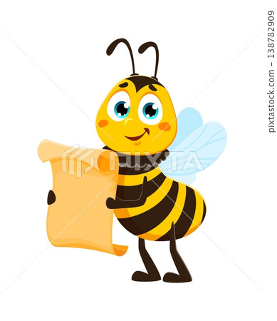 Reading scroll honey bee bug character. Honey bee baby cute cartoon character, hive bumblebee animal happy vector mascot. Honeybee bug cheerful isolated personage reading paper document Reading scroll honey bee bug character. Honey bee baby cute cartoon character, hive bumblebee animal happy vector mascot. Honeybee bug cheerful isolated personage reading paper document 138782909