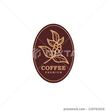Coffee bean icon, premium quality food brand sign. Takeaway coffee brand symbol, hot drink menu vector icon. Fast food cafe or coffeeshop sign or label with typography, coffee beans and leaves Coffee bean icon, premium quality food brand sign. Takeaway coffee brand symbol, hot drink menu vector icon. Fast food cafe or coffeeshop sign or label with typography, coffee beans and leaves 138782920