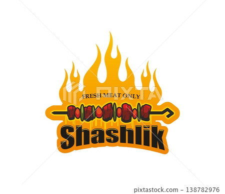 Shashlik BBQ food cafe icon or restaurant emblem. Skewer kebab icon, roasted barbeque meal vector badge. Grill BBQ restaurant emblem or grilled shashlik cafe symbol with fire flames and meat on skewer Shashlik BBQ food cafe icon or restaurant emblem. Skewer kebab icon, roasted barbeque meal vector badge. Grill BBQ restaurant emblem or grilled shashlik cafe symbol with fire flames and meat on skewer 138782976