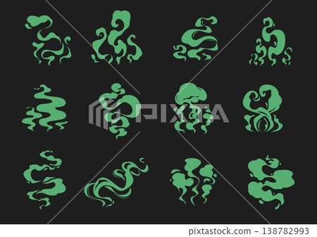 Bad green smell, fart cloud, stink and poison smoke. Poison stinky gas cartoon vector puff, stench steam burst comic effects collection. Fart bad smell cloud element or toxic green smoke shapes set Bad green smell, fart cloud, stink and poison smoke. Poison stinky gas cartoon vector puff, stench steam burst comic effects collection. Fart bad smell cloud element or toxic green smoke shapes set 138782993
