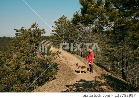 Man hiking with german shepherd dog on a mountain ridge trail in Divcibare Serbia surrounded by pine forest landscape. Outdoor travel and adventure lifestyle concept Man hiking with german shepherd dog on a mountain ridge trail in Divcibare Serbia surrounded by pine forest landscape. Outdoor travel and adventure lifestyle concept 138782997