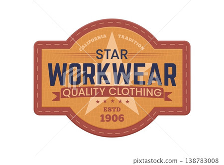 Quality clothing brown leather patch or tag. Clothing leather label, denim jeans retro vector tag. Fashion brand vintage patch or apparel brown badge with star, thread seam, ribbon and typography Quality clothing brown leather patch or tag. Clothing leather label, denim jeans retro vector tag. Fashion brand vintage patch or apparel brown badge with star, thread seam, ribbon and typography 138783008