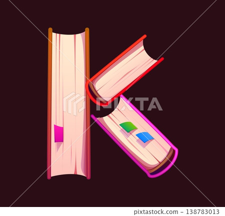 Novel book cartoon kids ABC typeset, font letter K. Bookstore bestseller type font symbol, library book typeset vector sign. Education textbook English alphabet letter 138783013