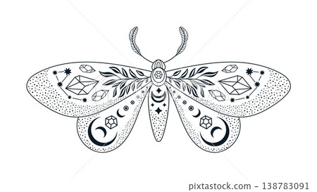 Mystic celestial moth night animal tattoo or symbol. Mystic bug silhouette, night mystery moth vector sticker. Magic butterfly graphic print with crescents, gemstones, constellations stars and leaves 138783091
