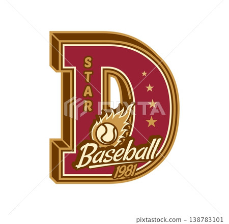 American varsity sport team patch red and brown letter D, academy champion label. College athletic club varsity symbol, sport champion vector badge or typography with flaming baseball ball, typography American varsity sport team patch red and brown letter D, academy champion label. College athletic club varsity symbol, sport champion vector badge or typography with flaming baseball ball, typography 138783101