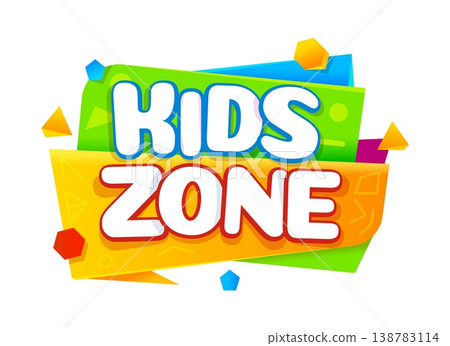 Kids party game zone childish icon or banner. Children game zone banner, baby amusement park cartoon vector label. Kids party room isolated icon with colorful ribbon and childish typography Kids party game zone childish icon or banner. Children game zone banner, baby amusement park cartoon vector label. Kids party room isolated icon with colorful ribbon and childish typography 138783114