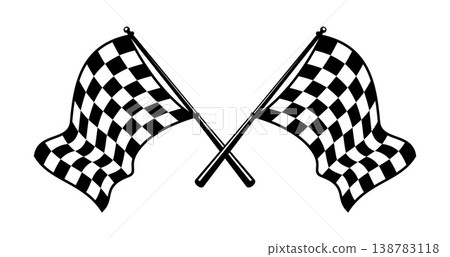Vehicle race championship victory crossed flags. Automobile race motorsport victory checkered flag, drive rally start vector symbol. Bike speed competition finish pennant or element 138783118
