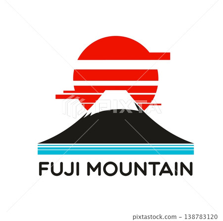 Japanese Fuji mountain peak and glacier icon. Japan Fujiyama mountain, Asian travel line icon or pictogram. Japanese landmark, Asia journey vector sign with Fuji mount snowy peak, red sun and water 138783120