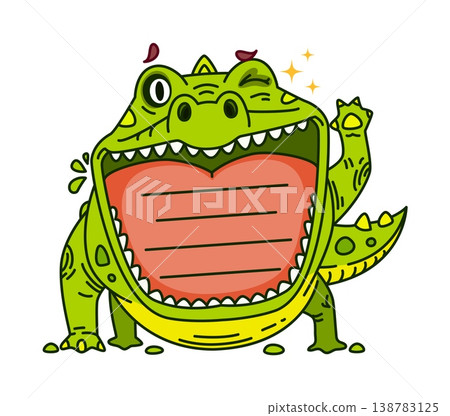 Crocodile cheerful cartoon animal kids memo note template. To do list sticker, scrapbook vector memo note. Child schedule frame or cute reptile wild animal label with crocodile funny character 138783125
